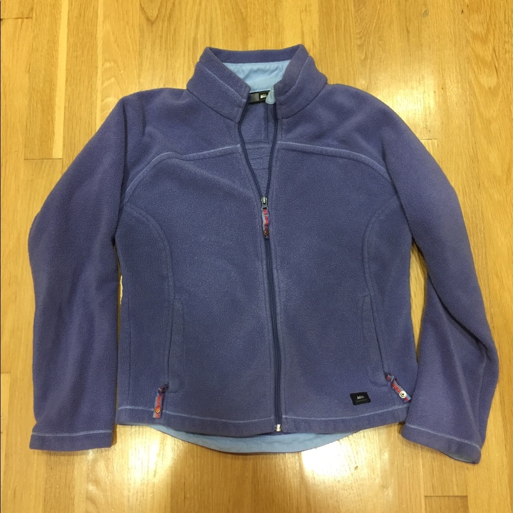 REI fleece zip up purple jacket floral accents L